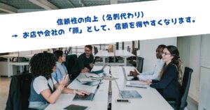 信頼性の向上（名刺代わり） → お店や会社の「顔」として、信頼を得やすくなります。